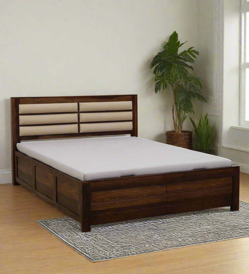 Mejun Sheesham Wood King Size Bed In Provincial Teak Finish With Padded Headboard Hydraulic Storage - Febonic Living