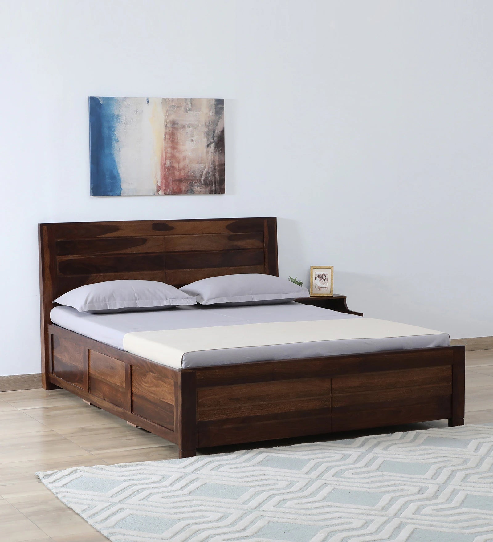 Mejun Sheesham Wood King Size Bed In Provincial Teak With Box Storage - Febonic Living