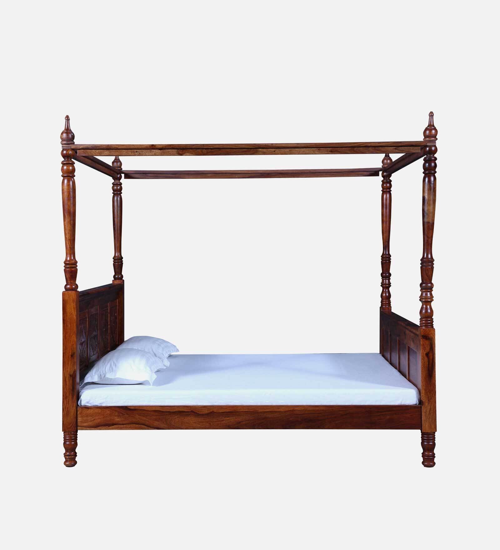Elma Sheesham Wood King Size Poster Bed In Honey Oak Finish - Febonic Living