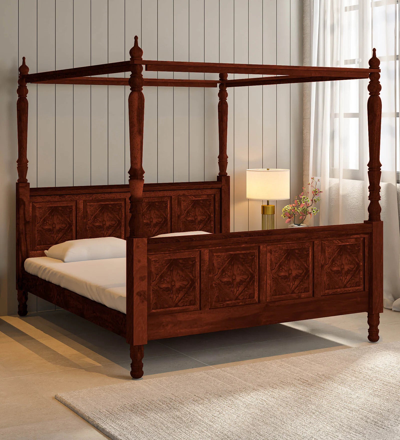Elma Sheesham Wood King Size Poster Bed In Honey Oak Finish - Febonic Living