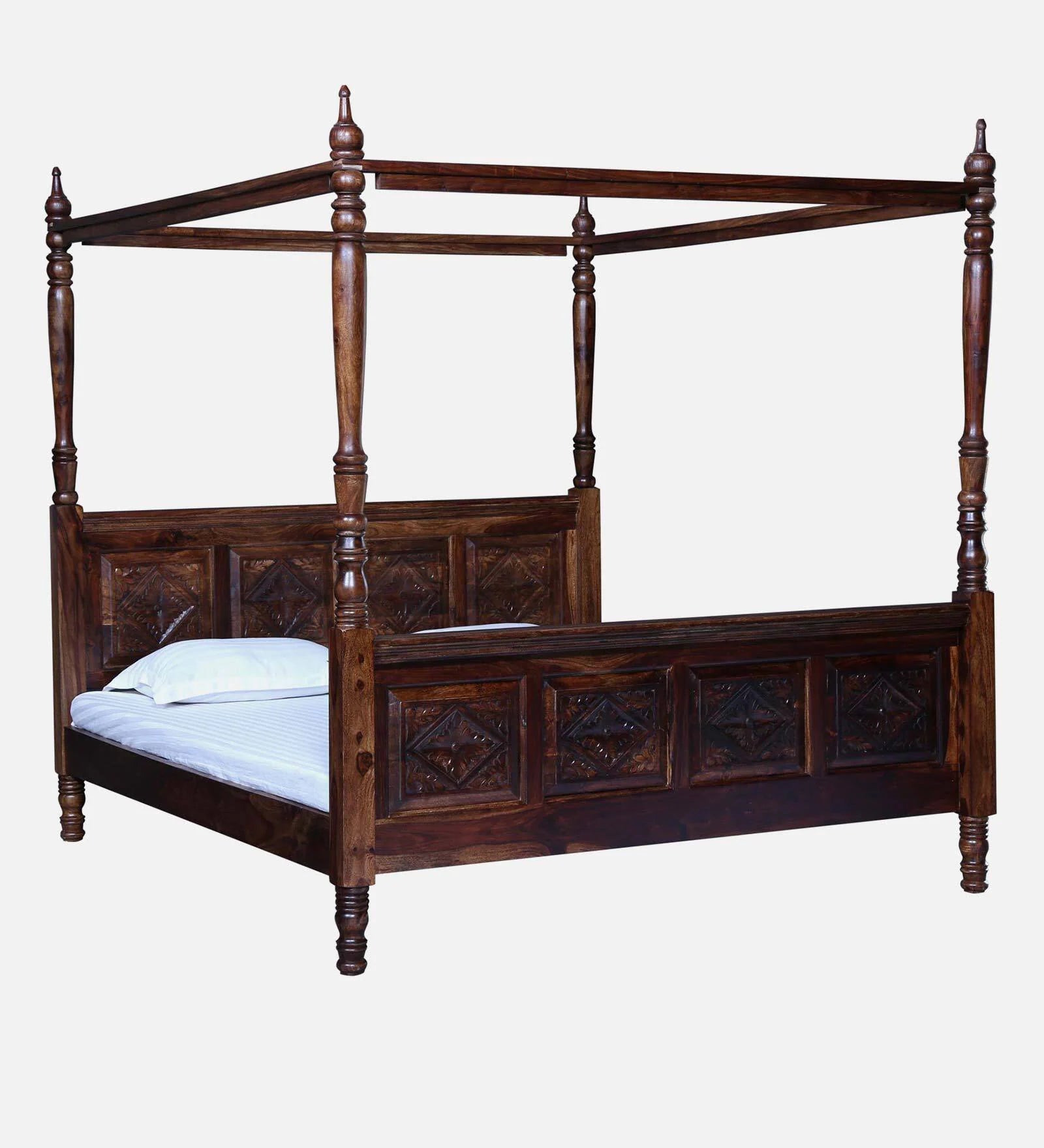 Elma Sheesham Wood King Size Poster Bed in Provincial Teak Finish - Febonic Living