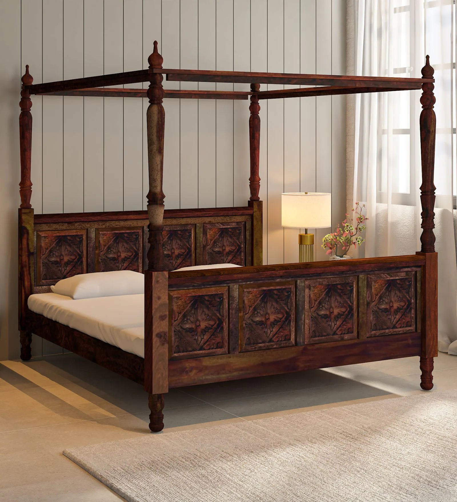 Elma Sheesham Wood King Size Poster Bed in Provincial Teak Finish - Febonic Living