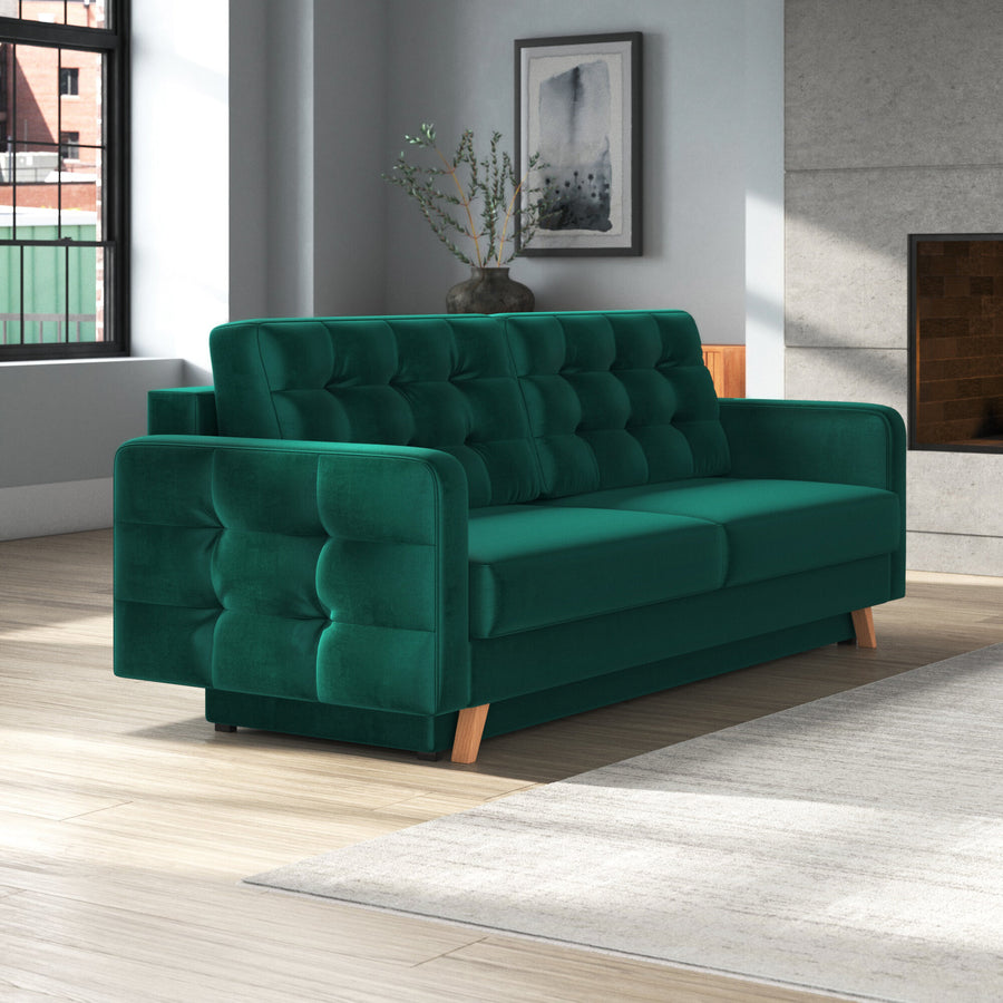 Hursty Velvet 3 Seater Pull Out Sofa Cum Bed In Pine Green Colour - Febonic Living