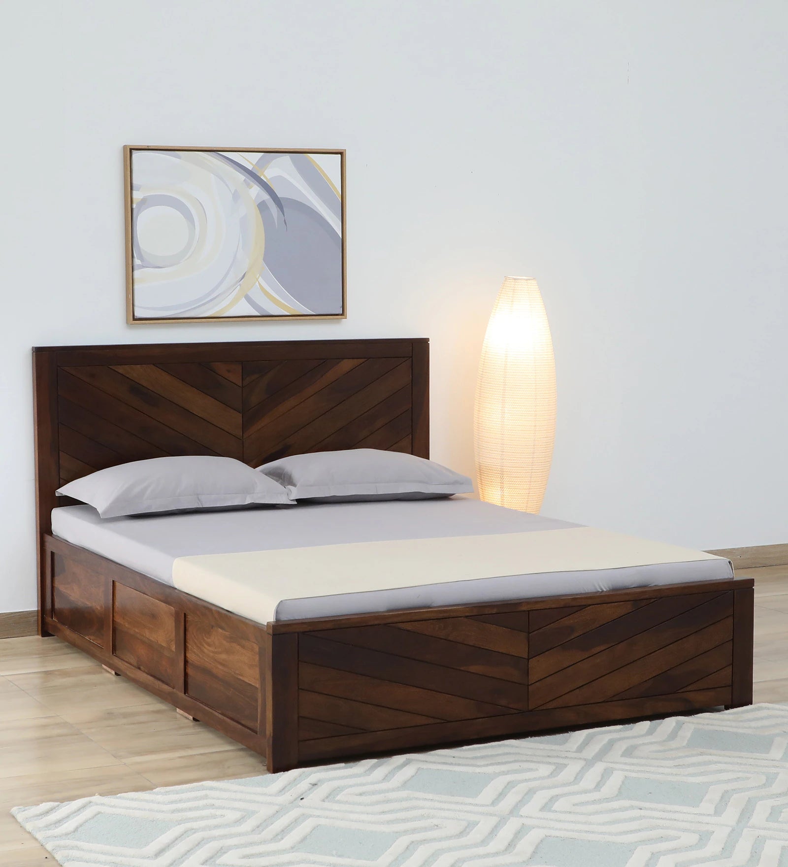 Astra Sheesham Wood King Size Bed In Scratch Resistant Provincial Teak Finish With Hydraulic Storage - Febonic Living