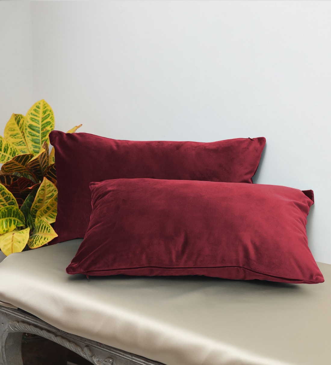 Mille Velvet 18x12 inches Cushion + Covers (Pack of 2) In Cherry Red Colour